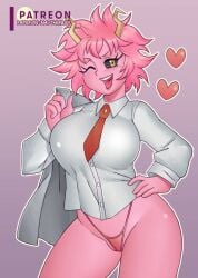 black_eyes female heart horns jacket_off mina_ashido my_hero_academia nauth nauth_le_roy no_pants no_skirt pink_skin school_uniform short_hair smile thong tie tomboy