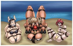 3girls auto_foot_lick ball_gag beach bit_gag bondage deep_rimming feet foot_gag frogtie gag horns kuroko_smith licking_own_foot minotaur minotaur_female monster_girl monster_musume_no_iru_nichijou multiple_girls rimming rope_bondage self_foot_worship self_lick self_worship zombie zombie_girl zombina