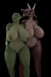 anthro big_breasts breasts ceratopsian dinosaur duo_focus female female/female group lizard ornithischian reptile scalie solo triceratops unknown_artist