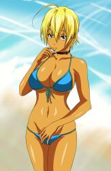 1girls adult_swim big_breasts bikini blonde_hair blue_bikini breasts busty cleavage female female_only green_eyes large_breasts legs looking_at_viewer mito_ikumi navel parted_lips shokugeki_no_souma short_hair solo swimsuit tan thighs toonami underboob