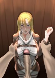 annie_leonhardt attack_on_titan big_breasts big_penis breasts censored huge_cock iamyourkumasan long_penis penis penis_poking_breast wet