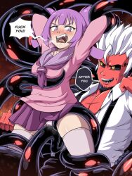 2022 ambiguous_penetration angry arms_above_head arms_behind_head arms_up blush breast_grab breasts cameltoe crotch_rub demon demon_boy english_text fangs imminent_sex linker_(linkerlewds) linkerlewds monster monster_boy otachan panties pink_panties purple_eyes purple_hair school_uniform skindentation skirt skirt_lift striped_panties sweat tagme tentacle tentacles_under_clothes text the_otachan_show thighhighs twintails uniform