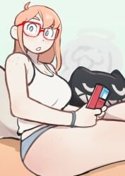 1girls bedroom big_breasts blush bracelet colo female female_focus freckles game_boy gameboy glasses long_hair looking_at_viewer nintendo pajamas panties pillow playing_videogame portrait pov rita_(colo) shocked_expression solo solo_female solo_focus sweet_hex tank_top thick_thighs thighs voluptuous