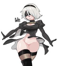 ass_visible_through_thighs black_footwear black_gloves black_hairband black_legwear blindfold breasts cleavage cleavage_cutout clothing_cutout female gloves grey_background grey_hair hair_over_one_eye hairband hairless_pussy mole mole_under_mouth nier:_automata nier_(series) omoworks parted_lips pixel_art puffy_sleeves pussy short_hair simple_background skindentation solo teeth thighhighs turtleneck wind yorha_2b