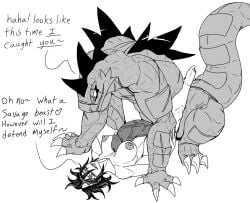 1boy 1boy1girl 1girls anthro anthro_dominating_human between_breasts big_penis black_and_white breasts dominant dominant_anthro dominant_male elle_(kiahl) fang_(kiahl) female feraligatr genitals hi_res huge_cock human hyper hyper_genitalia hyper_penis interspecies kiahl larger_anthro larger_male male mammal monochrome nintendo penis pinned_to_floor pokémon_(species) pokemon pokemon_(species) pokephilia scar size_difference smaller_female smaller_human submissive submissive_female submissive_human vein veiny_penis video_games