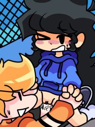 1boy 1girls black_hair blue_hoodie cum cum_in_pussy cum_inside erect_penis orange_hoodie penetration penis_in_pussy rotsen rule_63 semi_nude socks spike_covers traced vaginal_penetration white_skin yellow_hair