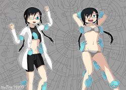 arms_above_head arms_up black_hair black_legwear blue_eyes blush bra crying disembodied_hand disembodied_hands drool drooling dubious_consent glasses glasses_askew hair_ornament helpless labcoat majime_98899 midriff navel older_sister one_eye_closed panties restrained shijima's_sister shimeji_simulation shirt_lift shorts simple_background small_breasts thighs tickle_fetish tickle_torture tickling tickling_armpits tummy twintails underwear undressed undressing