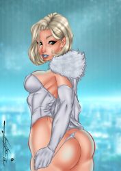 ass blonde_hair bob_cut corset dat_ass emma_frost female female_only lipstick looking_at_viewer looking_back marvel marvel_comics narcelio_sousa panty_pull platinum_blonde_hair removing_panties thong thong_panties white_queen x-men