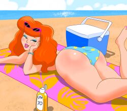 1girls ablackbear ass ass_focus beach big_ass bikini_bottom cousin_mel cute dat_ass female female_only grandma_got_run_over_by_a_reindeer laying_on_stomach red_hair summer sunscreen swimsuit