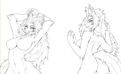 1girls animal_ears anthro armpits arms_behind_head arms_up ass belly_button big_breasts black_and_white blank_background breasts butt canid canine collar ear_piercing earring earrings female five_nights_at_freddy's five_nights_at_freddy's:_security_breach fluffy_tail fur furry hair licking_lips lineart long_hair mangakitsune2 midriff multiple_poses naked navel nipples no_background nude piercing piercings pubic_tuft roxanne_wolf_(fnaf) simple_background solid_color_background tail thick_thighs thighs tongue white_background wolf