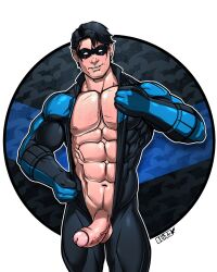 1boy batman_(series) blitzturner boner dc dc_comics dick_grayson erect_penis erection hard_on male male_only masked muscles muscular muscular_male nightwing penis_out teen_titans uncut unzipped unzipped_bodysuit veiny_penis