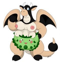 anthro blue_eyes breasts chikorita diaper dragon dragonite female furry fusion hooves horns miltank nelsonnoir pokemon pokemon_(species) pokemon_gsc pokemon_rgby scalie tail tan_fur udders wings