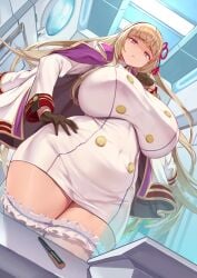 bbw big_breasts black_gloves blonde_hair cor369 curvy dutch_angle female female_only frilled_legwear gloves hairband hand_on_hip huge_breasts jacket_on_shoulders last_origin leona_of_blood_&_iron long_hair looking_at_viewer low-angle_view military_jacket military_uniform plump solo thick_thighs thighhighs white_legwear white_thighhighs wide_hips