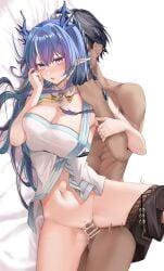 1boy 1girls :o arknights bangs bar_censor black_hair blue_eyes blue_hair blush braid breasts censored cleavage dark-skinned_male dark_skin earrings female hetero highres horns interracial jewelry large_breasts light-skinned_female light_skin ling_(arknights) long_hair lying navel on_side parted_lips penis pointy_ears ru_zhai sex solo_focus straight thighs vaginal_penetration