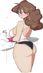 1girls ahoge ass big_ass big_breasts black_eyes black_shorts blush blush_lines breasts brown_hair brunette brunette_hair crayon_shin-chan curvy dolphin_shorts female fluffy_hair from_behind hair_between_eyes housewife human large_breasts leebongchun long_hair looking_at_viewer looking_back married_woman mature mature_female milf misae_nohara mother pale-skinned_female pale_skin short_hair shorts solo thick_thighs voluptuous white_tank_top white_topwear wide_hips