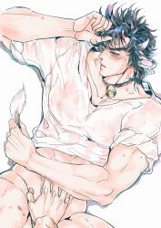 1boy battle_tendency collar_with_bell collarbone convenient_censoring cow_boy cow_ears gay green_eyes hand_on_crotch jojo's_bizarre_adventure joseph_joestar male male_nipples male_only muscular_male stars(artist) sweat