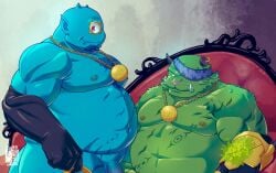 1_eye anthro belly biceps chair cyclops duo flaccid fur furniture genitals green_body green_fur hi_res humanoid jewelry lifewonders male male/male musclegut necklace nipples pecs penis penis_base tokyo_afterschool_summoners tusks video_games water_baron wood_baron yukimushi6