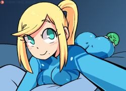 1girls adorable animated ass ass_shake baby_(metroid) bedroom blonde_hair blush bodysuit cleavage cute eating_ass eyebrows_visible_through_hair eyes_visible_through_hair fully_clothed gif indoors laying_on_bed looking_at_another looking_at_viewer metroid metroid_(creature) monster nintendo patreon ponytail samus_aran selfie signature solo_female tobias_wheller tomboy video_recording zero_suit_samus