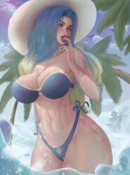 1girls athletic big_breasts bikini blue_eyes blue_hair breasts camille_waifu curvy female female_only huge_breasts league_of_legends lollipop looking_at_viewer muscular neeko palm_tree riot_games solo solo_female solo_focus sona_buvelle thick_thighs thighhighs thighs water