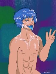 abs artist_signature background blue_hair blue_tongue bob_(amoraltra) bob_and_bosip bukkake cleetusnsfw cum cum_all_over friday_night_funkin just_jacked_off male male_only nipples peace_sign self_upload tongue_out watermark