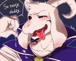 2016 after_sex anthro asriel_dreemurr asriel_dreemurr_(god_form) blush bodily_fluids boss_monster bovid caprine cotton_(artist) cum cum_in_mouth cum_inside cum_on_hand dialogue digital_drawing_(artwork) digital_media_(artwork) duo english_text genital_fluids goat implied_incest implied_oral incest looking_pleasured male male/male mammal offscreen_character offscreen_male smile solo speech_bubble teasing text undertale undertale_(series) video_games