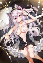 animal_ears arm_up black_dress blurry blurry_background blush breasts cable clothes_pull collarbone depth_of_field dog_ears dog_girl dog_tail dress dress_pull female female gluteal_fold grey_hair hair_censor hair_over_breasts looking_at_viewer medium_breasts melonbooks navel no_panties outstretched_arm parted_lips pillow purple_eyes satsuki_misuzu solo tail thigh_gap