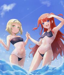 2girls armpits blonde_hair blue_eyes blush carol_remendis green_eyes handholding legs long_hair re:zero_kara_hajimeru_isekai_seikatsu red_hair short_hair small_breasts smile swimsuit theresia_van_astrea underboob very_long_hair water