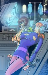 2girls big_breasts bimbo bimbofication bondage breast_expansion daphne_blake female female_only hanna-barbera hmb-art hypnosis labcoat mad_scientist mind_control multiple_girls nipples scientist scooby-doo smile spiral_eyes torn_clothes transformation velma_dinkley