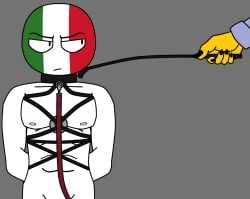 arms_behind_back black_nails bondage bondage_harness collar countryhumans gay germany_(countryhumans) italy_(countryhumans) leash male muscular muscular_male muscular_sub riding_crop white_body yellow_hands