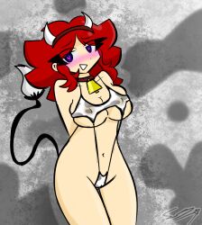 alternate_version_available blush buttplug_tail cinder_(cookiestar456) cookiestar456 cow_print cowkini hands_behind_back heart-shaped_pupils horn_headband red_hair