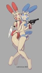 2girls calmnivore female_only firearm gun hand_on_another's_shoulder handgun hugging humanoid knife looking_at_viewer minun multiple_girls nintendo panties plusle pokémon_(species) pokemon pokemon_(species) revolver sharp_teeth smiling topwear weapon