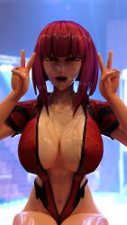 1girls 3d 3d_(artwork) ahe_gao big_breasts cum_on_breasts cum_on_face female latex latex_suit looking_at_viewer oboro_(taimanin_asagi) pink_hair purple_hair solo taimanin_(series) taimanin_asagi taimanin_asagi_battle_arena v_sign wet wet_skin xapo69