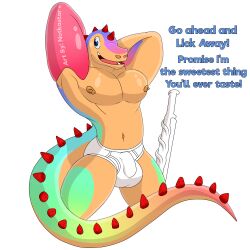 anthro briefs cake candle clothing dessert dez_dessertasaur_(character) dialogue dinosaur food fruit ice_cream male melee_weapon nipples notkastar open_mouth pecs penis penis_under_clothes plant reptile scalie solo spikes strawberry sword teeth text tongue underwear weapon