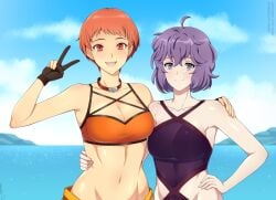 2girls :d ahoge alternate_costume asymmetrical_gloves bangs bare_shoulders bernadetta_von_varley bikini black_gloves blue_sky breasts cleavage closed_mouth cloud collar collarbone commission cowboy_shot day english_commentary eyebrows_visible_through_hair female female_only fingerless_gloves fire_emblem fire_emblem:_three_houses fire_emblem_heroes gloves grey_eyes groin hair_between_eyes hand_on_another's_shoulder hand_on_another's_waist hand_on_hip hand_up leonie_pinelli leonie_pinelli_(summer) lindaroze long_hair looking_at_viewer medium_breasts midriff mismatched_gloves multiple_girls navel nintendo ocean official_alternate_costume one-piece_swimsuit open_mouth orange_bikini orange_eyes orange_hair orange_swimsuit outdoors partially_fingerless_gloves patreon_username purple_hair purple_swimsuit short_hair sidelocks single_fingerless_glove sky small_breasts smile standing swimsuit twitter_username v watermark