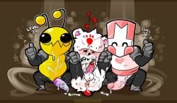 after_orgasm after_sex alien alien_hominid_(character) anus balls bear_(castle_crashers) bodily_fluids burly_bear castle_crashers cum cum_in_ass cum_in_mouth cum_inside cum_on_penis genital_fluids genitals grabbing_legs group human humanoid_genitalia humanoid_penis legs_up male male/male male_only mammal naughtybassard penis pink_knight simple_background torquewintress trio vein veiny_penis yaoi