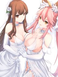 2girls animal_ear_fluff animal_ears bare_shoulders breast_press breasts bride brown_eyes brown_hair cleavage collarbone dress elbow_gloves fate/extra fate_(series) flower fox_ears fox_girl gloves groin hair_between_eyes hair_flower hair_ornament highres holding_hands kishinami_hakuno_(female) large_breasts long_hair looking_at_viewer multiple_girls no_bra panties pink_hair sideboob sidelocks stomach strapless strapless_dress symmetrical_docking tamamo_no_mae_(fate) thighhighs thighs underwear veil white_dress white_gloves white_legwear white_panties yellow_eyes yuri