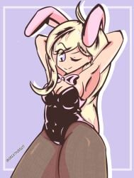 1girls ahoge akamatsu_kaede arms_behind arms_behind_head artist_request black_legwear black_suit blinking blonde_hair bow bow_tie bowtie bunny_ears bunny_girl bunnysuit danganronpa danganronpa_v3 female female_focus female_only fishnet_legwear fishnet_stockings long_hair medium_breasts new_danganronpa_v3 posing_with_weapon purple_eyes straight_hair tagme thick_thighs