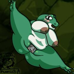 2022 amphibian anthro areola balrog_(cave_story) belly big_breasts breasts brown_areola brown_nipples casual_nudity cave_story clothing derp_eyes female frog green_body green_skin hat headgear headwear holding_object holding_sign looking_at_viewer machine male navel nipples nude open_mouth open_smile pink_cheeks plug_(sex_toy) presenting robot sex_toy shirt sign smile smiling_at_viewer solo_focus spread_legs spreading topwear tuanyllej2 video_games watermark white_body white_skin