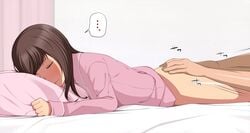 1boy ass bed bottomless brown_hair butt_massage closed_eyes female long_hair lying massage on_stomach original pajamas pillow solo_focus ushisuke