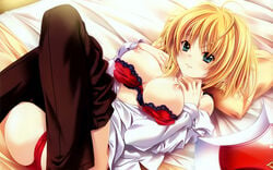 aqua_eyes bed blonde_hair breasts miyama-zero nipples panties underwear weapon