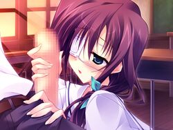 blush censored eye_patch fellatio game_cg green_eyes hair hanasaki_uri harukazedori_ni_tomarigi_wo_2nd_story oral purple_hair short_hair