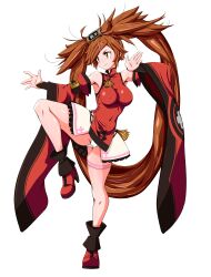 2020 blush boots breasts brown_eyes brown_hair cameltoe detached_sleeves erect_nipples erect_nipples_under_clothes guilty_gear hair_ornament heel_boots heels kuradoberi_jam long_hair msakiloveruiko one_leg_up panties pantyshot pantyshot_(standing) skin_tight standing tagme thighs very_long_hair white_panties