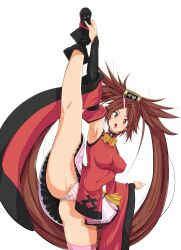 2020 boots brown_eyes brown_hair detached_sleeves erect_nipples erect_nipples_under_clothes guilty_gear hair_ornament heel_boots heels kuradoberi_jam long_hair looking_at_viewer msakiloveruiko one_arm_up one_leg_up panties pantyshot pantyshot_(standing) pink_panties straight striped_panties tagme thighs tight_clothing vertical_splits very_long_hair