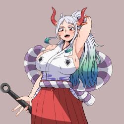 1girls armpits big_breasts blue_hair breasts brown_eyes clothed clothing curvy ear_piercing earrings female female_focus female_only fire_breath01 gradient_hair hakama hi_res highres hoop_earrings horned_humanoid horns humanoid kanabou light-skinned_female light_skin long_hair looking_at_viewer multicolored_hair one_piece oni oni_horns revealing_clothes simple_background solo torn_clothes two_tone_hair white_hair wide_hips yamato_(one_piece) youkai