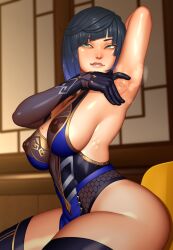 1girls armpits big_breasts blue_hair genshin_impact shiory short_hair yelan_(genshin_impact)