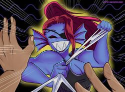 1girls 2d artist_request big_breasts blue_body female fish frontal_wedgie furry happy happy_female humanoid looking_at_viewer makeup pov red_hair tagme tagme_(artist) undertale undertale_(series) undyne wedgie