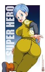 1girls blue_eyes blue_hair bulma_briefs clothed clothing dragon_ball dragon_ball_super dragon_ball_super_super_hero franfuentesart2 light-skinned_female light_skin pants smile solo solo_female