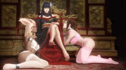 biddy_faircloud black_hair brown_hair bunny_ears collar elegia female final_fantasy final_fantasy_xiv hyur kimono metal_collar midlander nude pink_lingerie pipe silver_hair slave slavegirl sypha_flowen throne viera white_lingerie yotsuyu_(final_fantasy_xiv) yuri