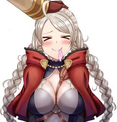 >_< 1boy 1girls ahoge bangs braid breasts capelet chest_harness cleavage closed_eyes closed_mouth commission condom cum drinking_from_condom female female_focus fire_emblem fire_emblem_fates fire_emblem_heroes gloves hairband harness headpat highres hood hooded_capelet kiran_(fire_emblem) kiran_(fire_emblem)_(male) leather leather_gloves leather_strap long_hair male nina_(fire_emblem) nintendo non-web_source saikunartworks smile transparent_background twin_braids upper_body used_condom white_background wholesome