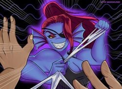 2d big_breasts blue_body female fish frontal_wedgie furry humanoid looking_at_viewer makeup pov red_hair smoochylover tagme tagme_(artist) undertale undertale_(series) undine undyne wedgie